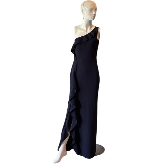 Xscape Elegant One Shoulder Ruffled Navy Scuba Maxi Dress Size 6 - Picture 10 of 11